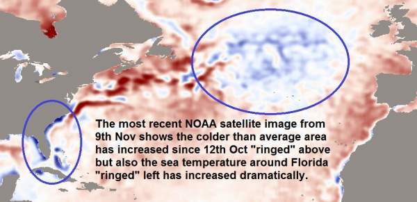 На этом фото мы видим в кольцах холодные зоны  в Северной Атлантике.